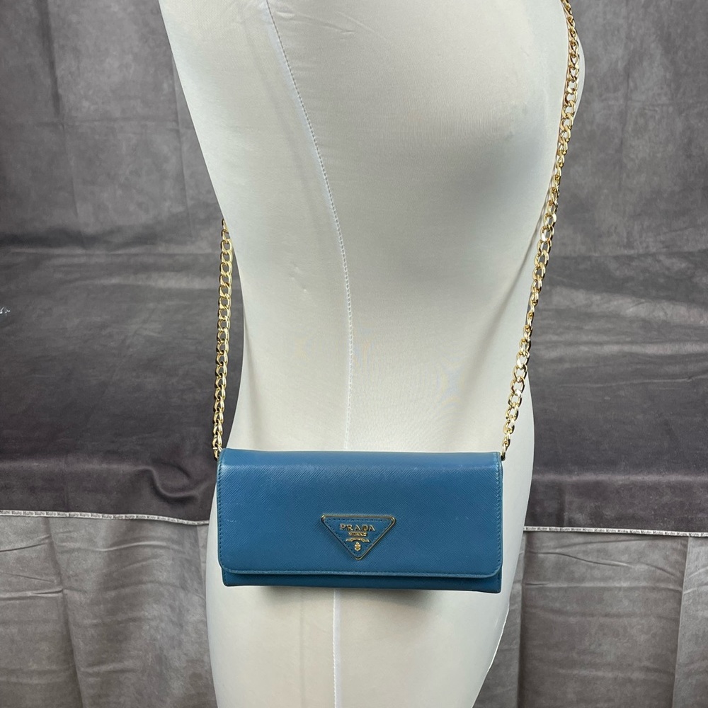 Prada Blue Long Saffiano Leather Flap with Chain Wallet